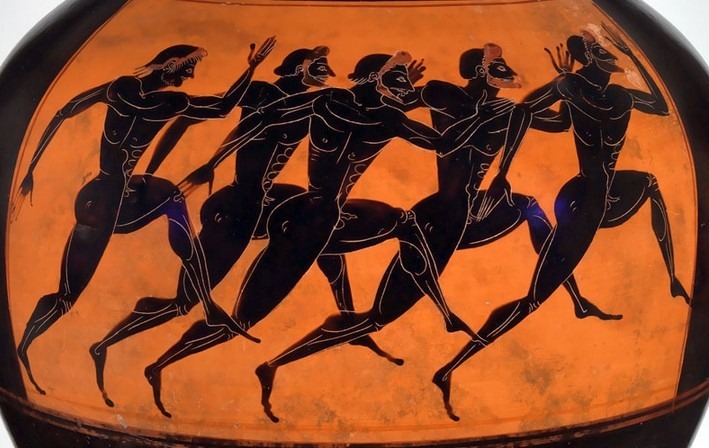 Δρομείς τρέχουν στο άθλημα του σταδίου (παράσταση από αγγείο)
