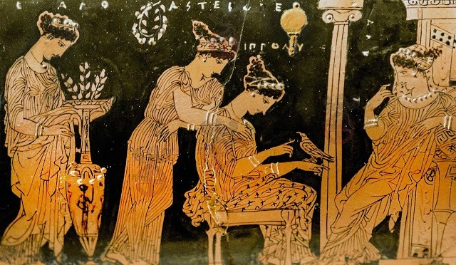 Γυναίκες καλλωπίζονται στον γυναικωνίτη, αναπαράσταση από μελανόμορφο αγγείο (πηγή: eclass.upatras.gr)