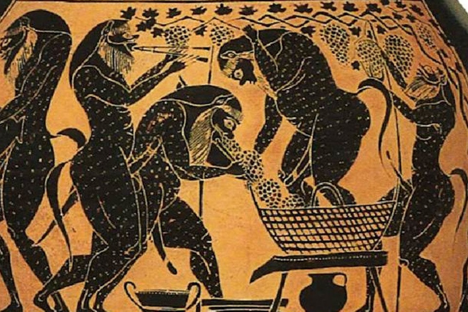 Σάτυροι πατούν σταφύλια, παράσταση σε αγγείο